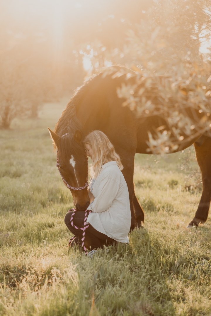 A woman wearing a wide-brimmed hat, is smiling and gently holding a chestnut horse with a pink halter